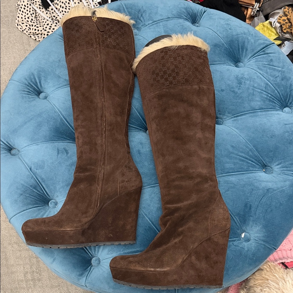 Gucci Brown Suede Wedge Boots with Fur Trim